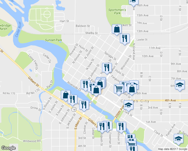 map of restaurants, bars, coffee shops, grocery stores, and more near 504 Blunt Street in Charles City