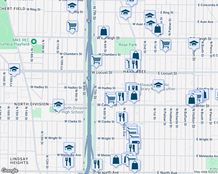 map of restaurants, bars, coffee shops, grocery stores, and more near 524 West Hadley Street in Milwaukee