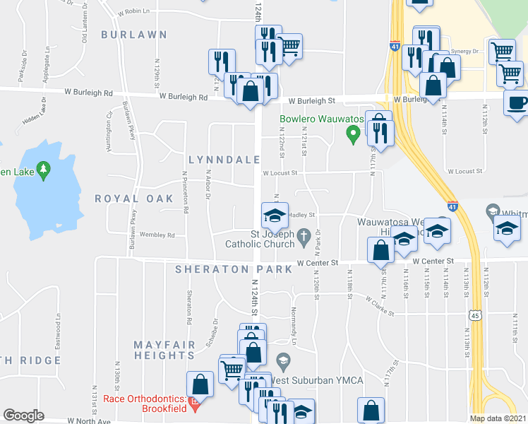 map of restaurants, bars, coffee shops, grocery stores, and more near 12310 West Hadley Street in Wauwatosa