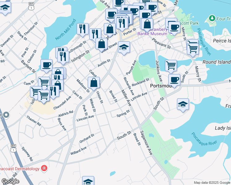 map of restaurants, bars, coffee shops, grocery stores, and more near 293 Rockland Street in Portsmouth