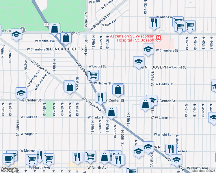 map of restaurants, bars, coffee shops, grocery stores, and more near 2766 North 57th Street in Milwaukee