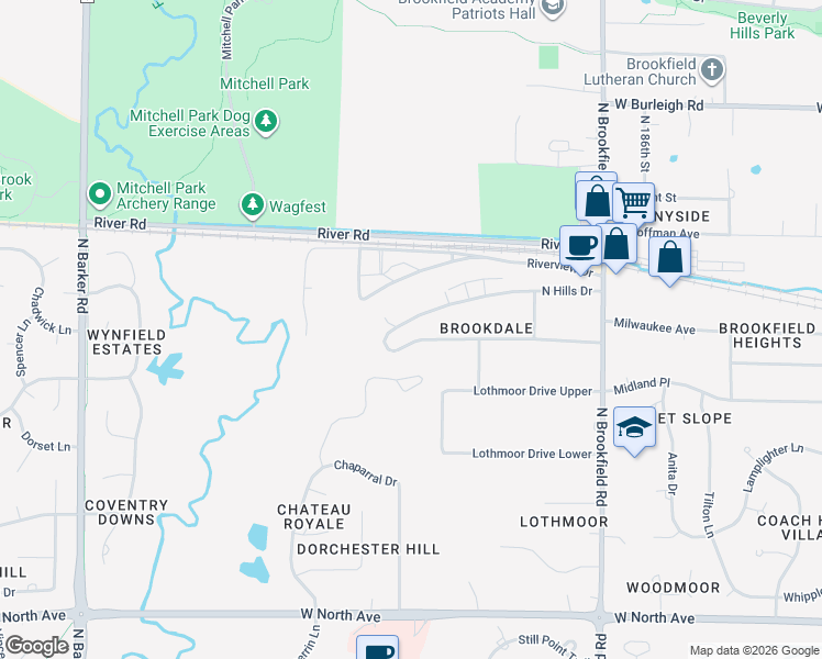 map of restaurants, bars, coffee shops, grocery stores, and more near 19365 North Hills Drive in Brookfield