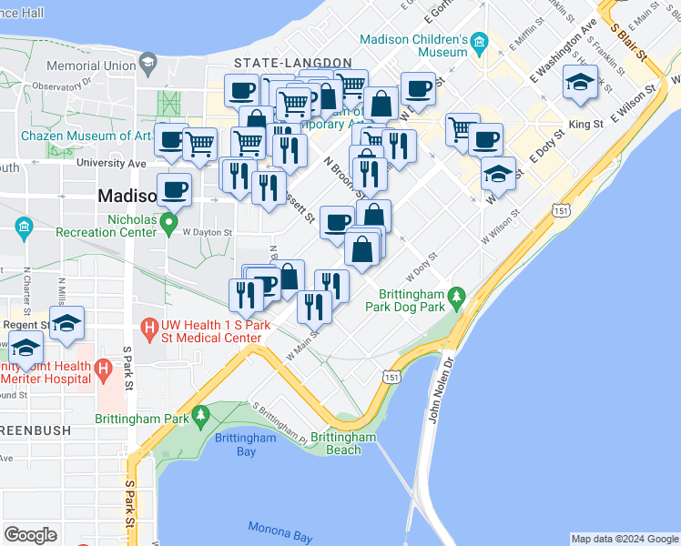 map of restaurants, bars, coffee shops, grocery stores, and more near 515 West Washington Avenue in Madison