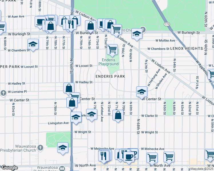 map of restaurants, bars, coffee shops, grocery stores, and more near 2767 North 72nd Street in Milwaukee