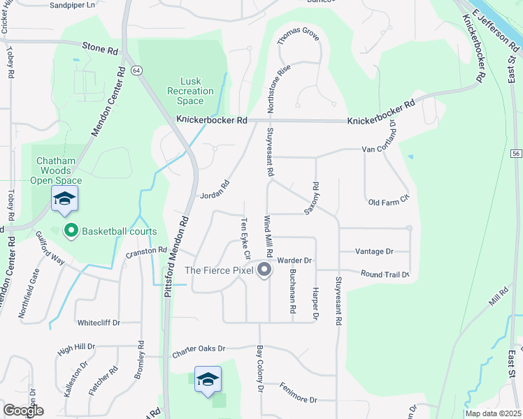 map of restaurants, bars, coffee shops, grocery stores, and more near 12 Wind Mill Road in Pittsford