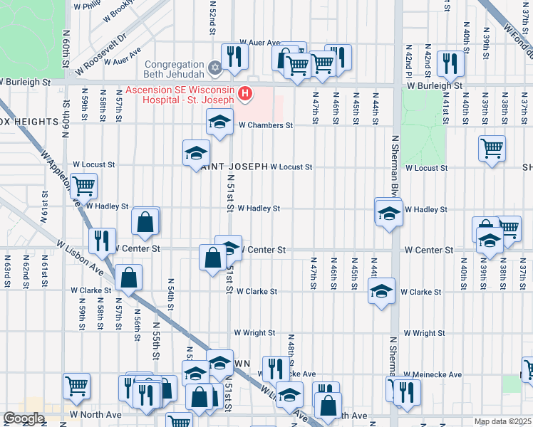 map of restaurants, bars, coffee shops, grocery stores, and more near 2773 North 49th Street in Milwaukee