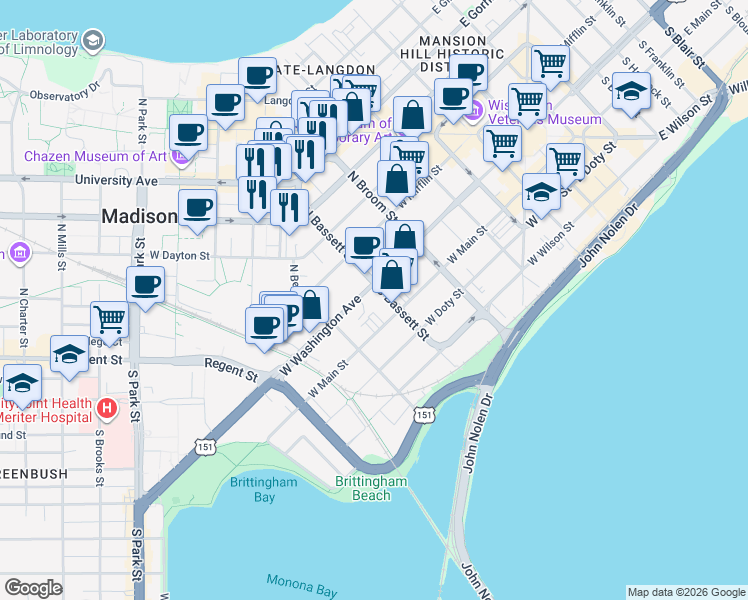 map of restaurants, bars, coffee shops, grocery stores, and more near in Madison