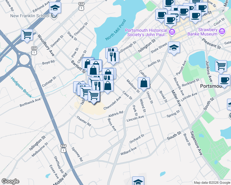 map of restaurants, bars, coffee shops, grocery stores, and more near 89 Albany Street in Portsmouth