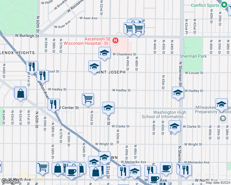 map of restaurants, bars, coffee shops, grocery stores, and more near 2771-2773 North 50th Street in Milwaukee