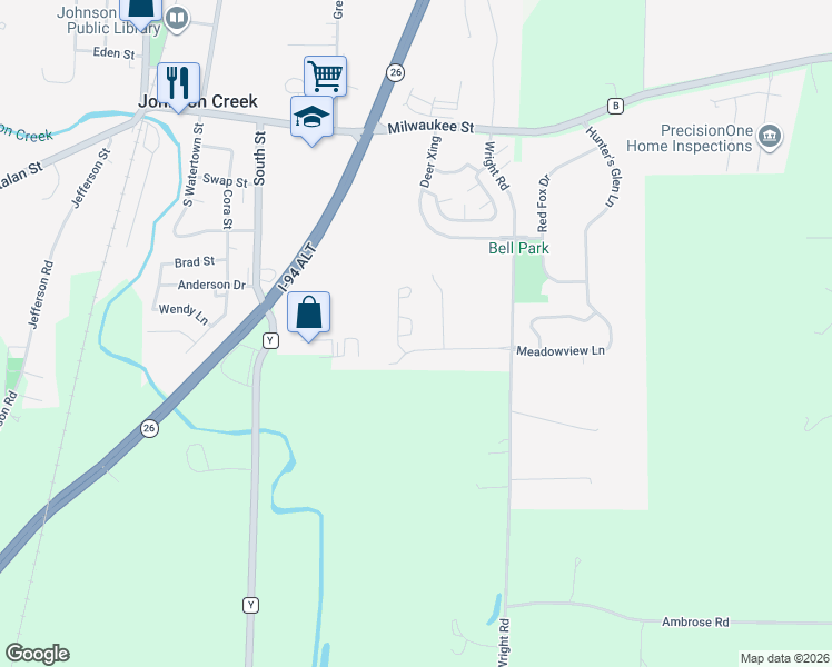 map of restaurants, bars, coffee shops, grocery stores, and more near 440 Whispering Way in Johnson Creek