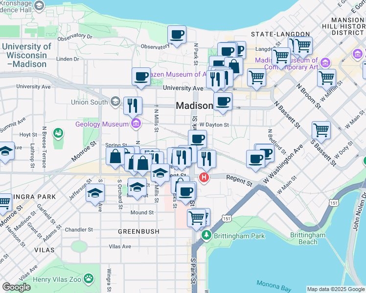 map of restaurants, bars, coffee shops, grocery stores, and more near 920 Spring Street in Madison