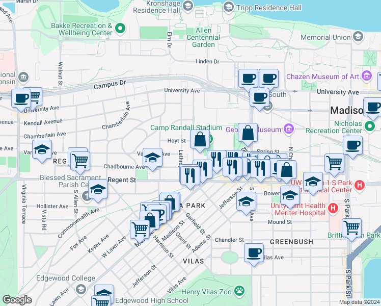 map of restaurants, bars, coffee shops, grocery stores, and more near 104 North Breese Terrace in Madison
