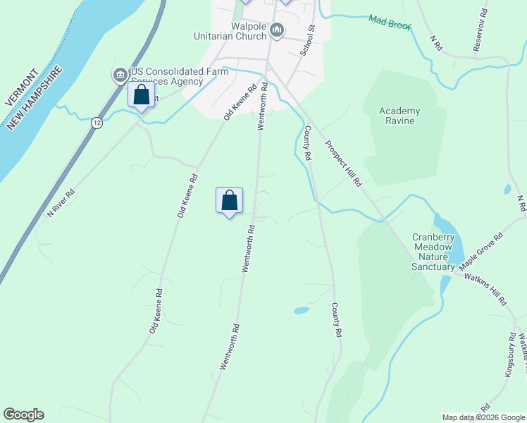 map of restaurants, bars, coffee shops, grocery stores, and more near 103 Wentworth Road in Walpole