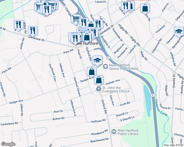 map of restaurants, bars, coffee shops, grocery stores, and more near 40 Oxford Road in New Hartford