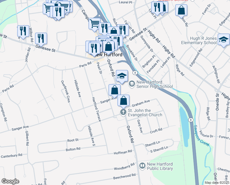 map of restaurants, bars, coffee shops, grocery stores, and more near 40 Oxford Rd in New Hartford