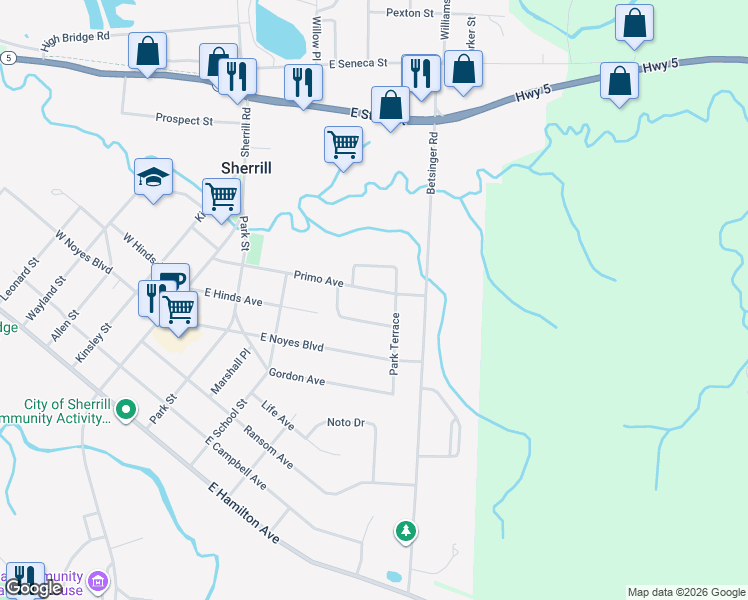map of restaurants, bars, coffee shops, grocery stores, and more near 421 Primo Avenue in Sherrill