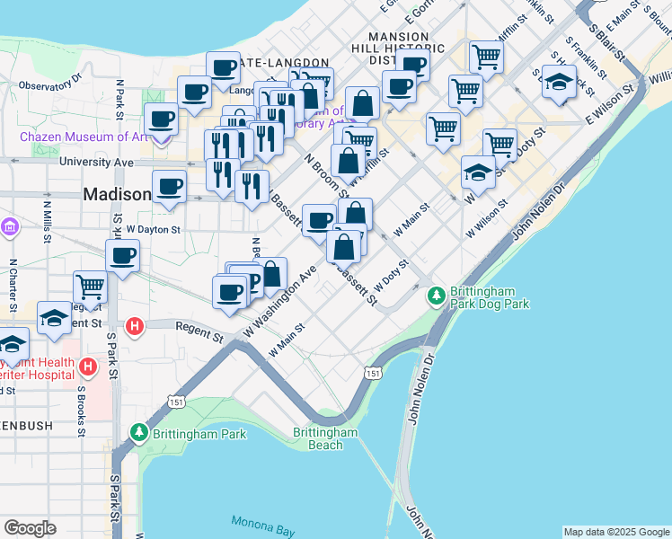 map of restaurants, bars, coffee shops, grocery stores, and more near 14 South Bassett Street in Madison