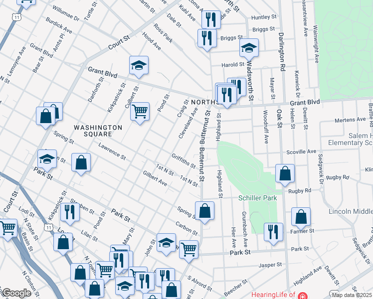 map of restaurants, bars, coffee shops, grocery stores, and more near 123 Kappesser Street in Syracuse