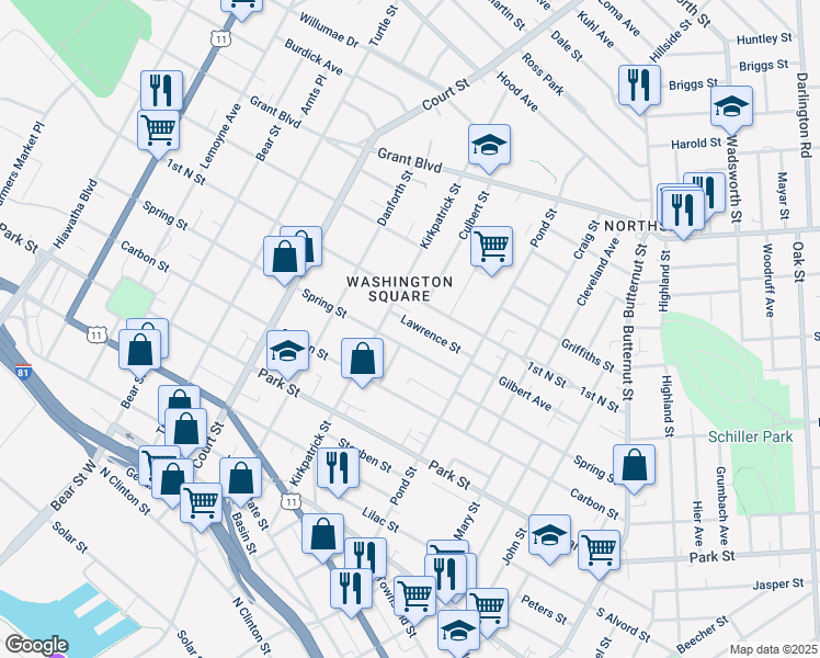 map of restaurants, bars, coffee shops, grocery stores, and more near 135 Lawrence Street in Syracuse