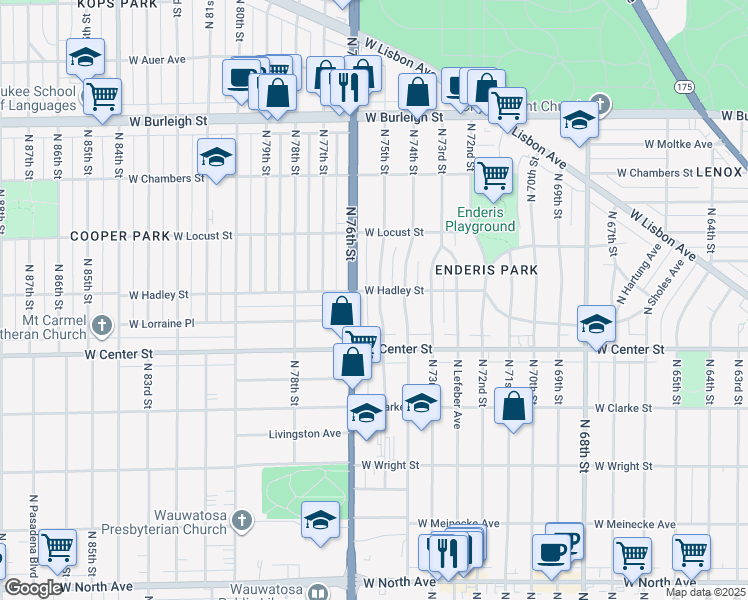 map of restaurants, bars, coffee shops, grocery stores, and more near 2769 North 75th Street in Milwaukee