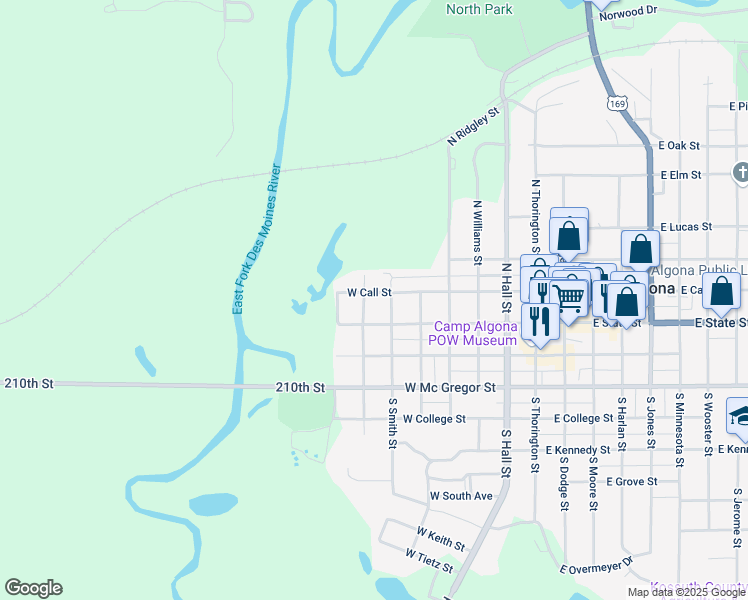 map of restaurants, bars, coffee shops, grocery stores, and more near 100-198 North Lowe Street in Algona