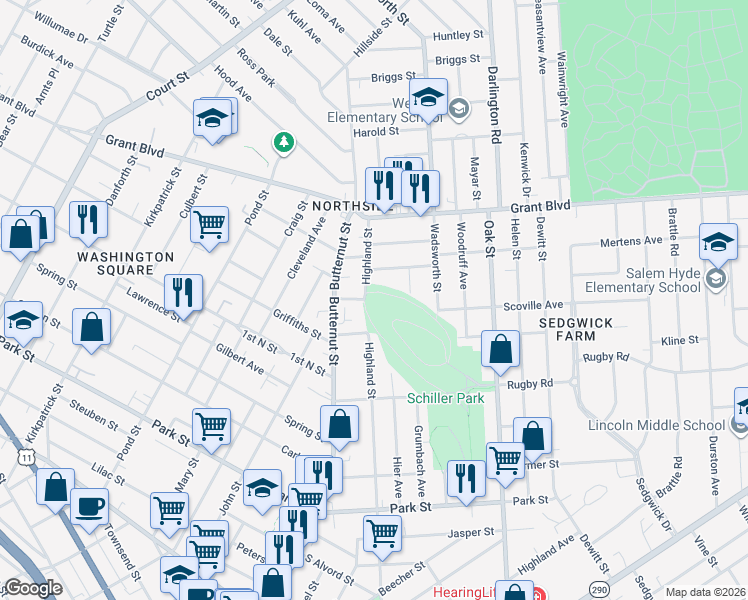 map of restaurants, bars, coffee shops, grocery stores, and more near 1200 Highland Street in Syracuse