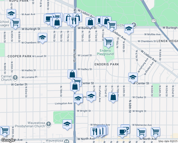 map of restaurants, bars, coffee shops, grocery stores, and more near 2770 North 74th Street in Milwaukee
