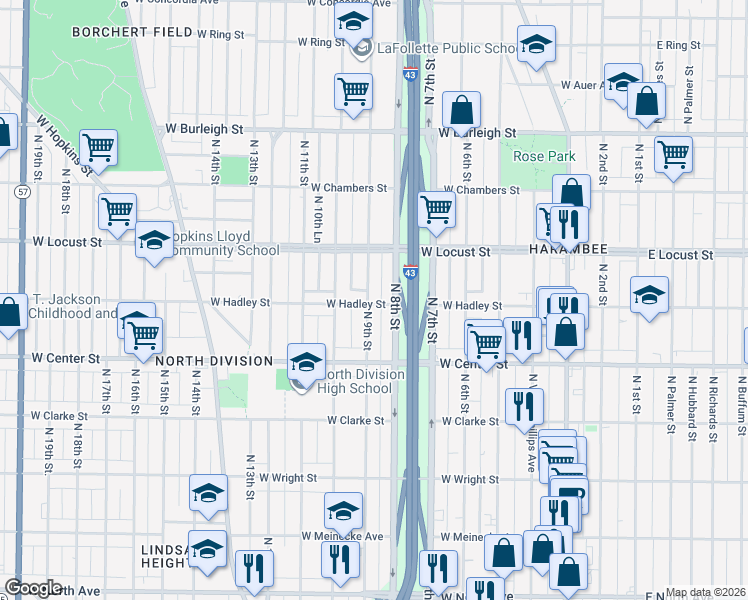 map of restaurants, bars, coffee shops, grocery stores, and more near 822 West Hadley Street in Milwaukee