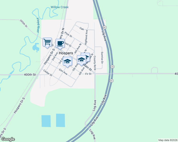 map of restaurants, bars, coffee shops, grocery stores, and more near 601-699 Fir Street in Hospers