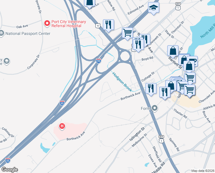 map of restaurants, bars, coffee shops, grocery stores, and more near 11 Coakley Road in Portsmouth