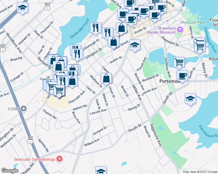 map of restaurants, bars, coffee shops, grocery stores, and more near 286 Union St in Portsmouth