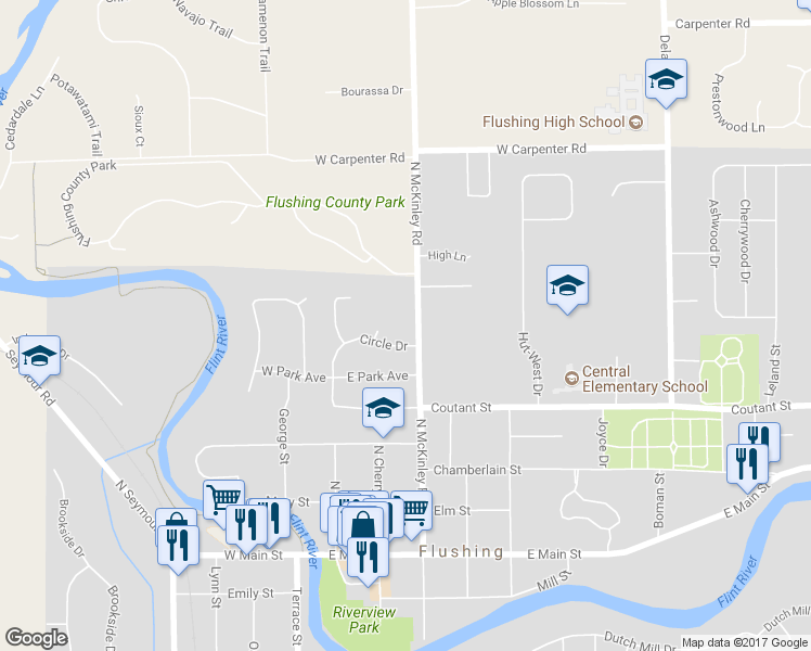 map of restaurants, bars, coffee shops, grocery stores, and more near 505 North McKinley Road in Flushing