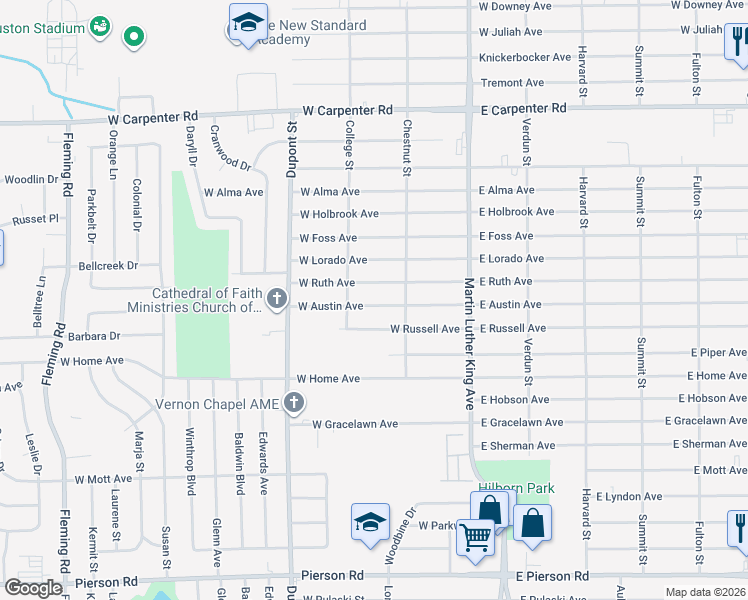 map of restaurants, bars, coffee shops, grocery stores, and more near 502 West Austin Avenue in Flint