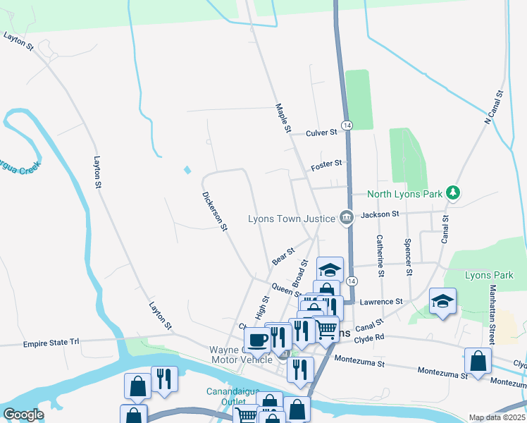 map of restaurants, bars, coffee shops, grocery stores, and more near 46 Cherry St in Lyons