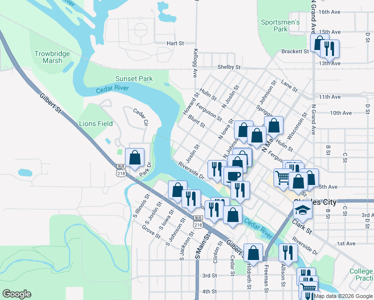 map of restaurants, bars, coffee shops, grocery stores, and more near 252 Clark St in Charles City