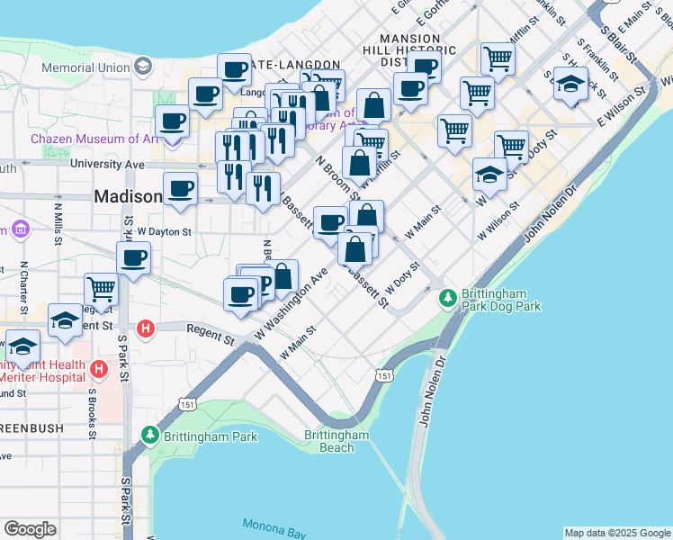 map of restaurants, bars, coffee shops, grocery stores, and more near 511 West Washington Avenue in Madison