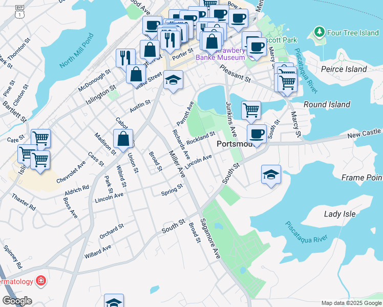 map of restaurants, bars, coffee shops, grocery stores, and more near 179 Lincoln Avenue in Portsmouth