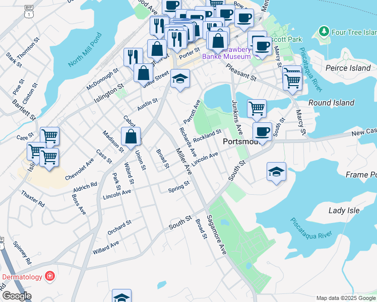 map of restaurants, bars, coffee shops, grocery stores, and more near 270 Richards Avenue in Portsmouth