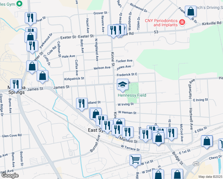 map of restaurants, bars, coffee shops, grocery stores, and more near 237 Kinne Street in East Syracuse