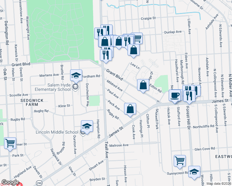 map of restaurants, bars, coffee shops, grocery stores, and more near 219 Paul Avenue in Syracuse