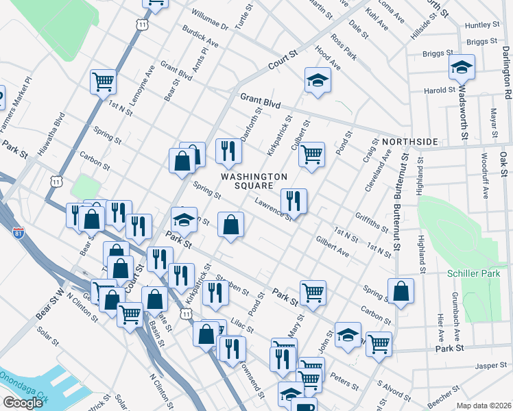 map of restaurants, bars, coffee shops, grocery stores, and more near 135 Lawrence Street in Syracuse