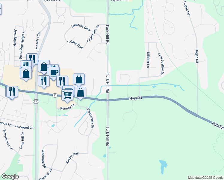 map of restaurants, bars, coffee shops, grocery stores, and more near 1742 Turk Hill Road in Fairport