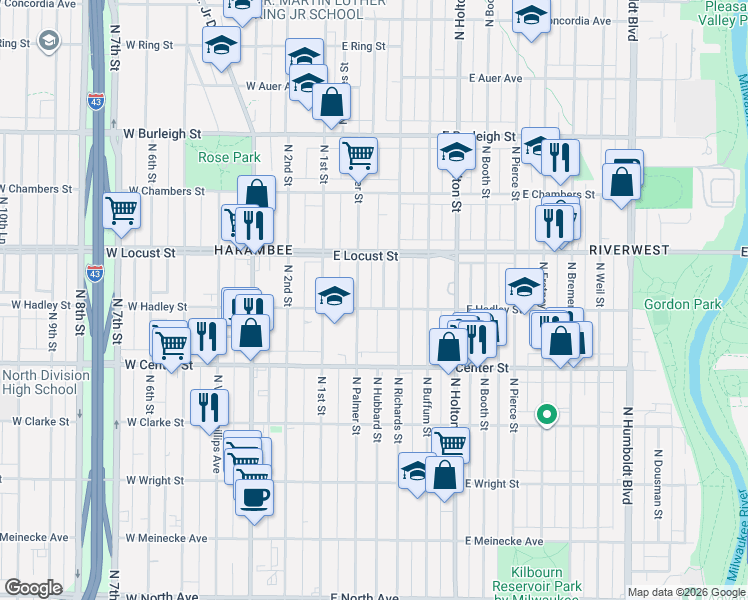 map of restaurants, bars, coffee shops, grocery stores, and more near 218 East Hadley Street in Milwaukee