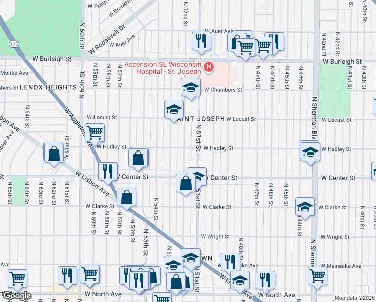 map of restaurants, bars, coffee shops, grocery stores, and more near 2763 North 51st Street in Milwaukee