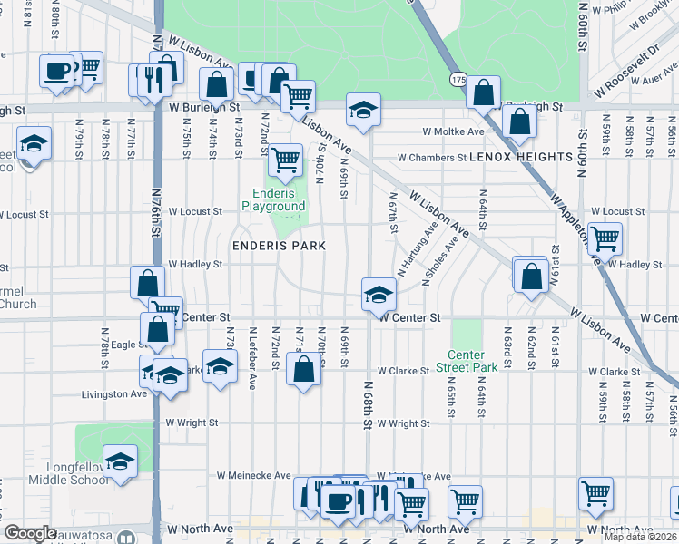 map of restaurants, bars, coffee shops, grocery stores, and more near 2770 North 70th Street in Milwaukee