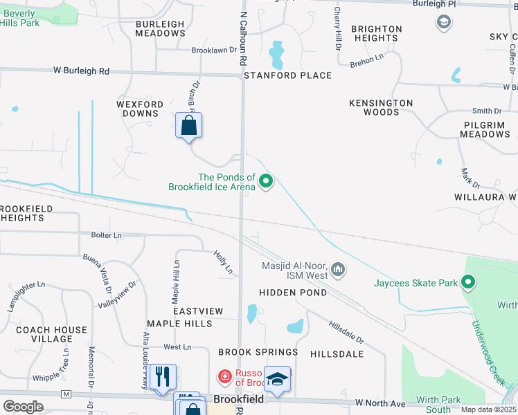 map of restaurants, bars, coffee shops, grocery stores, and more near 2810 North Calhoun Road in Brookfield