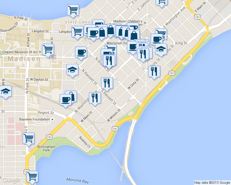 map of restaurants, bars, coffee shops, grocery stores, and more near 426 West Doty Street in Madison