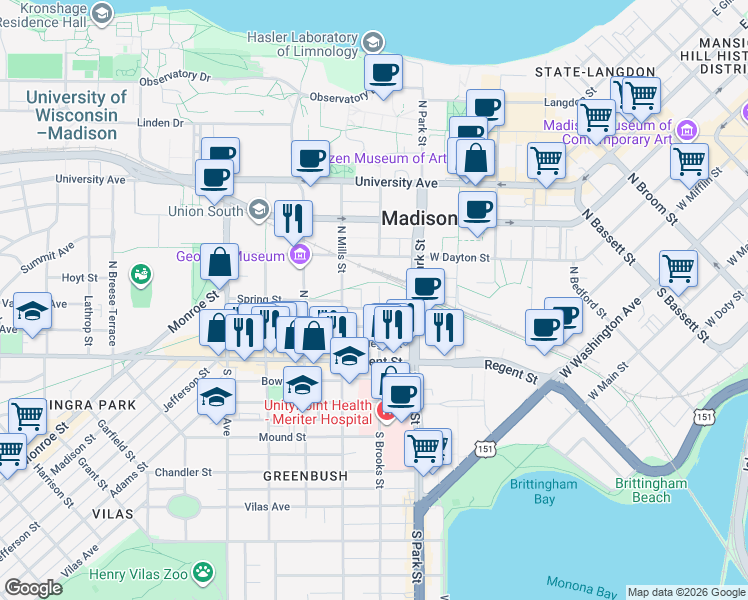map of restaurants, bars, coffee shops, grocery stores, and more near 1 Gerry Court in Madison