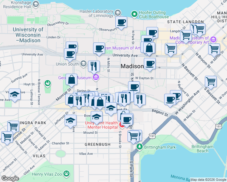 map of restaurants, bars, coffee shops, grocery stores, and more near 1 Gerry Court in Madison