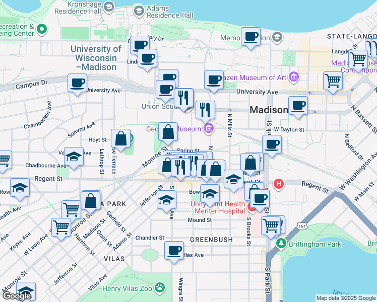 map of restaurants, bars, coffee shops, grocery stores, and more near 1301 Spring Street in Madison
